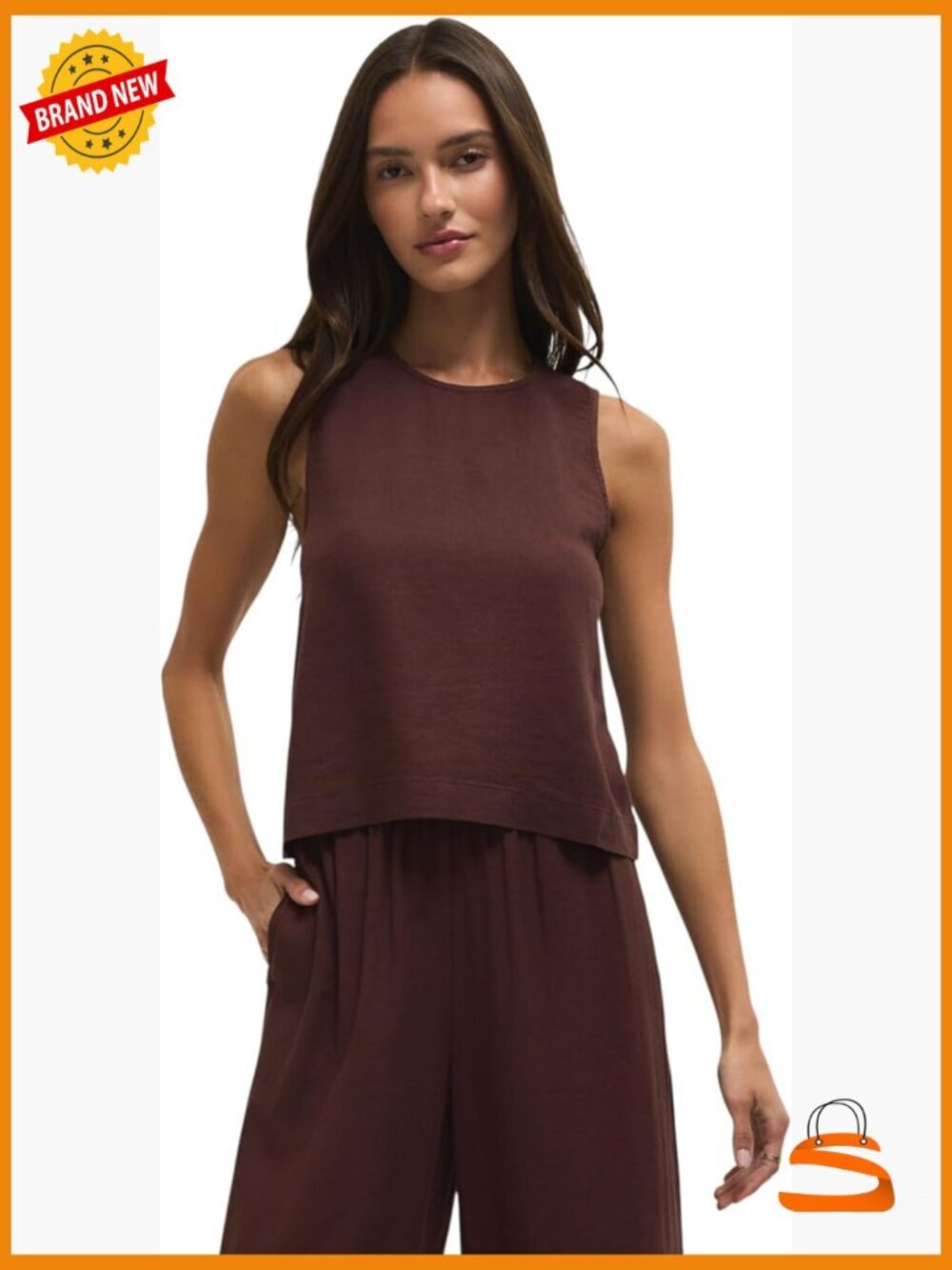 Women's Sleeveless Linen Blend Tank Top Crew Neck Regular Fit